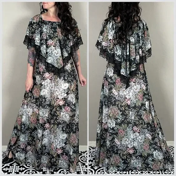 Vintage 1970s Black Floral A-Line Cape Maxi Dress - Picture 4 of 7